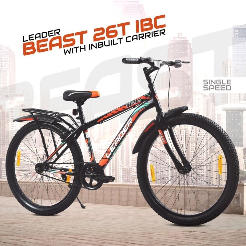 Leader Beast 26T IBC Premium 7 Speed Cycle for Men with inbuilt Carrier | City/Mountain Bike with Front Suspension & Dual Disc Brakes | Gear Bicycle for Men | Ideal for 10+ Years – Matt Black